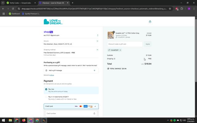 Love to Dream checkout page showing Love to Dream discount code box | Screenshot taken by SimplyCodes community member on Jun 27, 2025