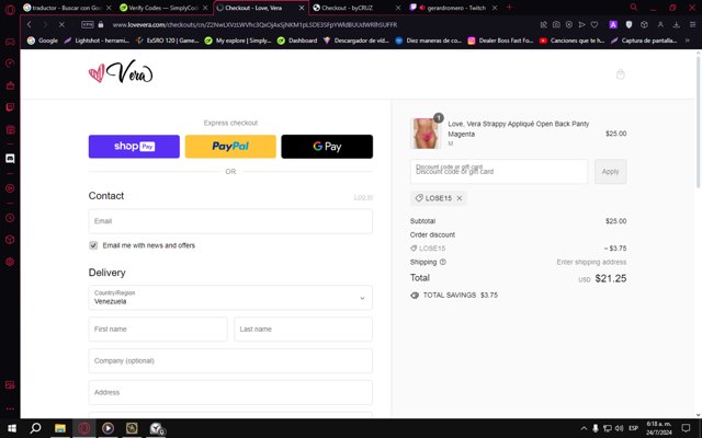 Love, Vera checkout page showing Love, Vera discount code box | Screenshot taken by SimplyCodes community member on Jul 24, 2024