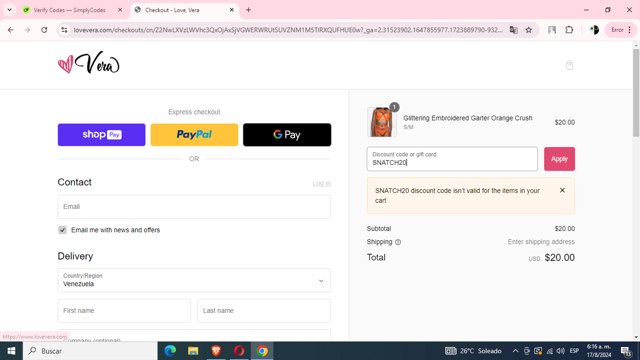 Love, Vera checkout page showing Love, Vera discount code box | Screenshot taken by SimplyCodes community member on Aug 17, 2024