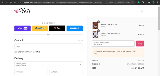 Love, Vera checkout page showing Love, Vera discount code box | Screenshot taken by SimplyCodes community member on Jun 20, 2024