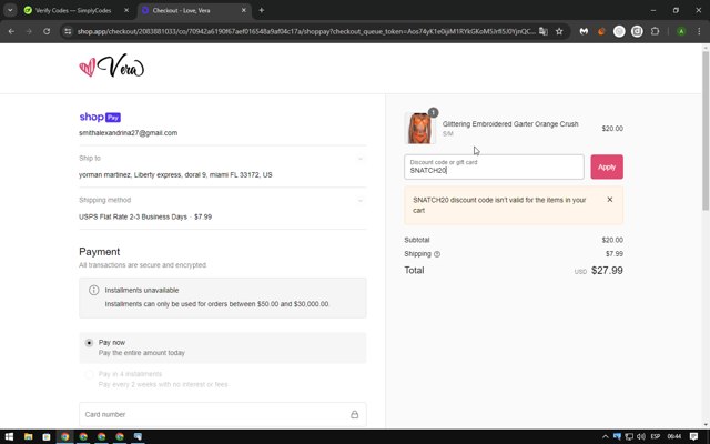 Love, Vera checkout page showing Love, Vera discount code box | Screenshot taken by SimplyCodes community member on Jul 19, 2024