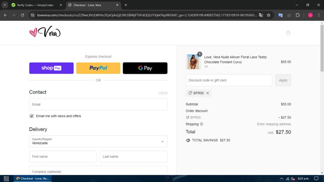 Love, Vera checkout page showing Love, Vera discount code box | Screenshot taken by SimplyCodes community member on Jun 25, 2024