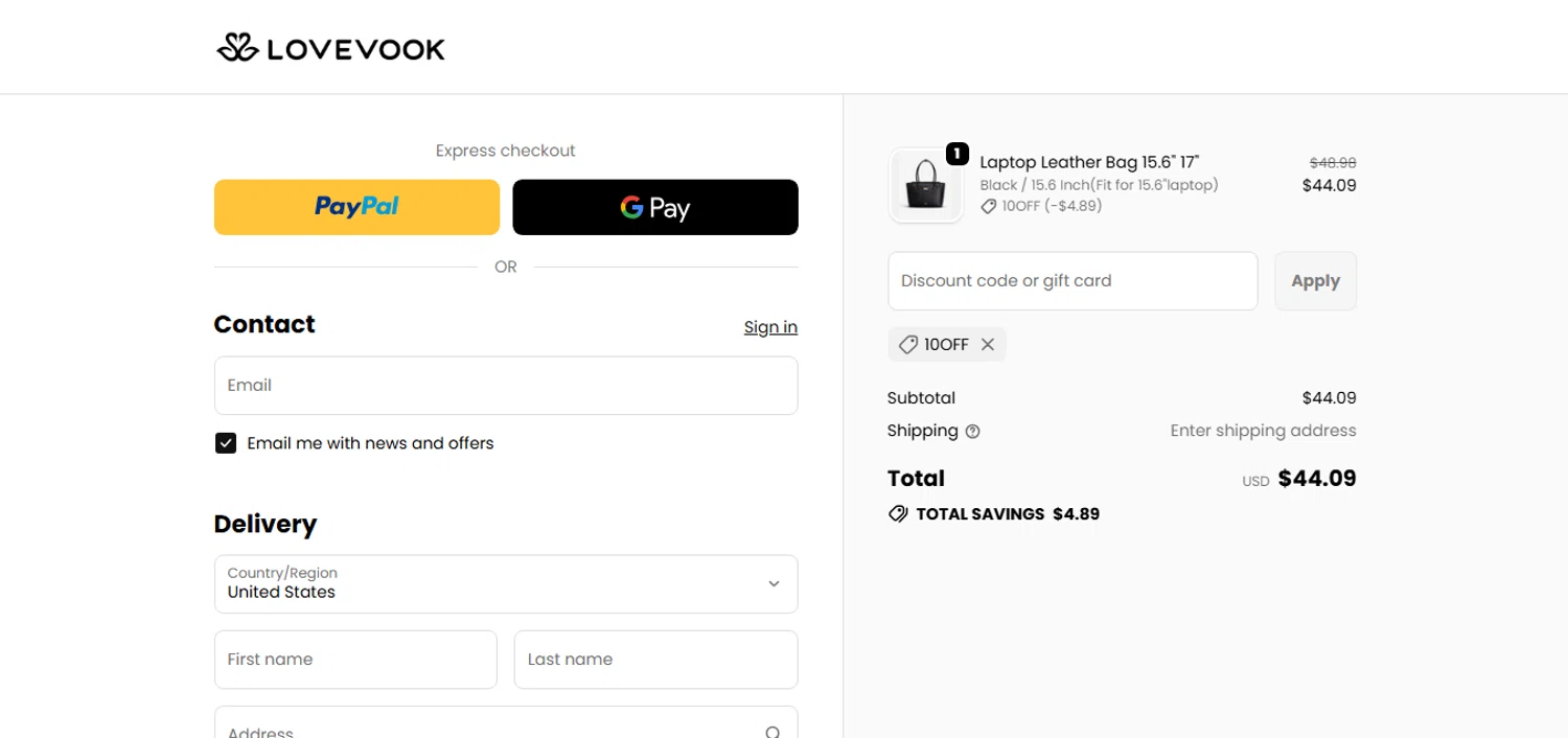 LOVEVOOK promo code screenshot showing code 10OFF applied at LOVEVOOK checkout page. Uploaded by SimplyCodes community member CashAce9852 on Dec 13, 2025