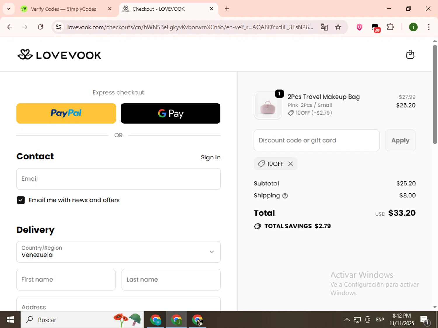 LOVEVOOK promo code screenshot showing code 10OFF applied at LOVEVOOK checkout page. Uploaded by SimplyCodes community member SavingsCollector2592 on Nov 12, 2025