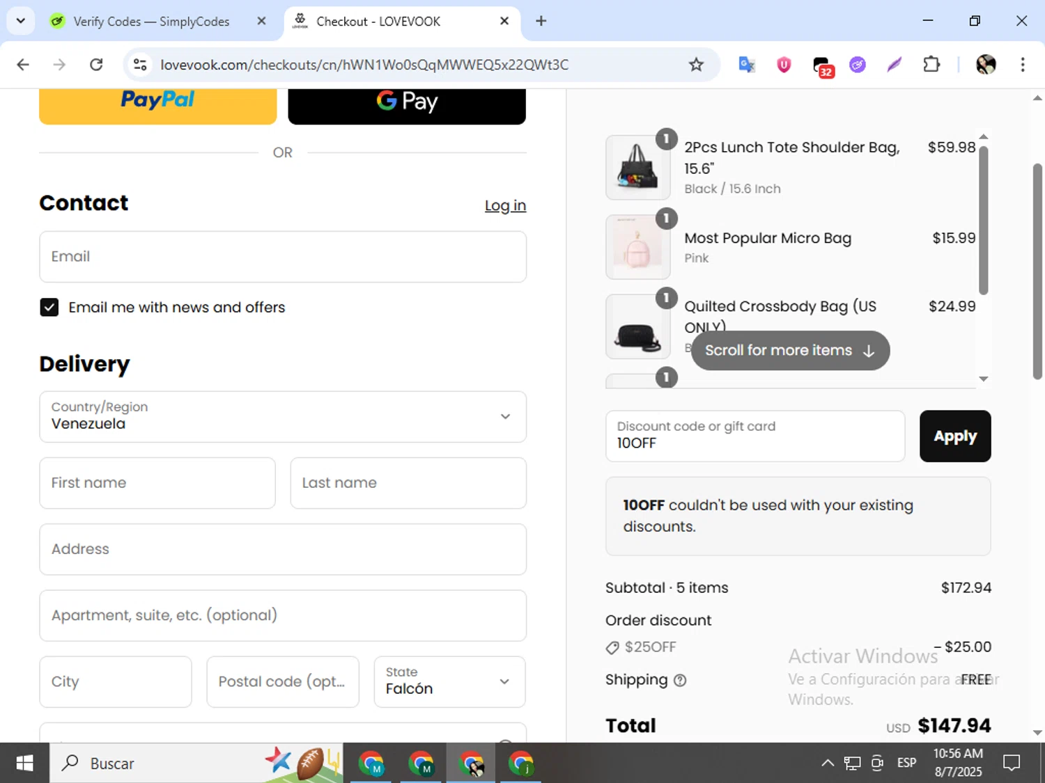 LOVEVOOK promo code screenshot showing code 10OFF applied at LOVEVOOK checkout page. Uploaded by SimplyCodes community member mariapolancog on Aug 7, 2025