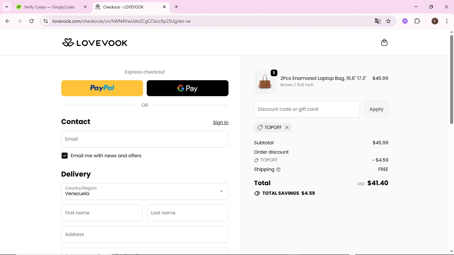 LOVEVOOK promo code screenshot showing code topoff applied at LOVEVOOK checkout page. Uploaded by SimplyCodes community member BargainShopper1802 on Oct 25, 2025