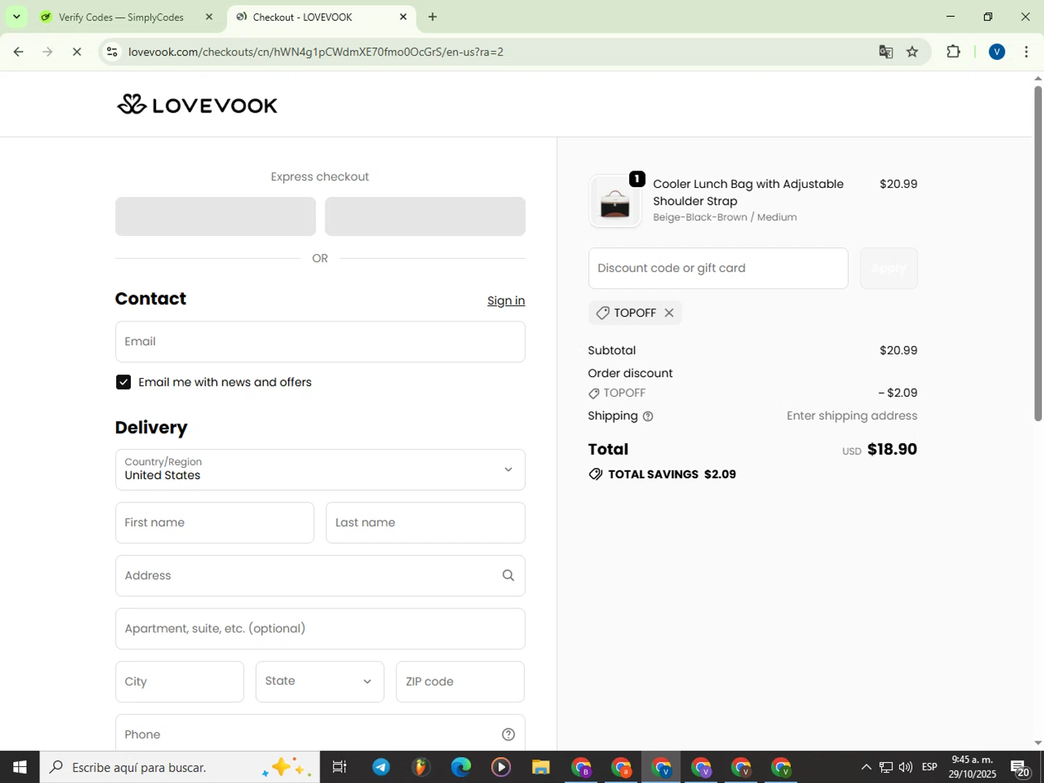 LOVEVOOK promo code screenshot showing code topoff applied at LOVEVOOK checkout page. Uploaded by SimplyCodes community member Garou_Y2K on Oct 29, 2025