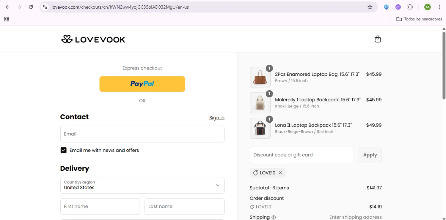 LOVEVOOK promo code screenshot showing code LOVE10 applied at LOVEVOOK checkout page. Uploaded by SimplyCodes community member SaleSentinel7319 on Sep 14, 2025