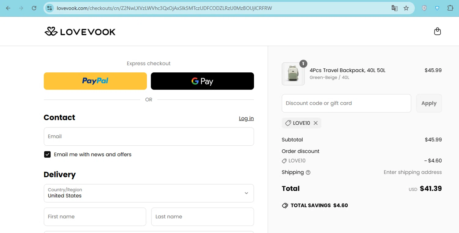 LOVEVOOK promo code screenshot showing code love10 applied at LOVEVOOK checkout page. Uploaded by SimplyCodes community member carol_lameda on Jun 21, 2025