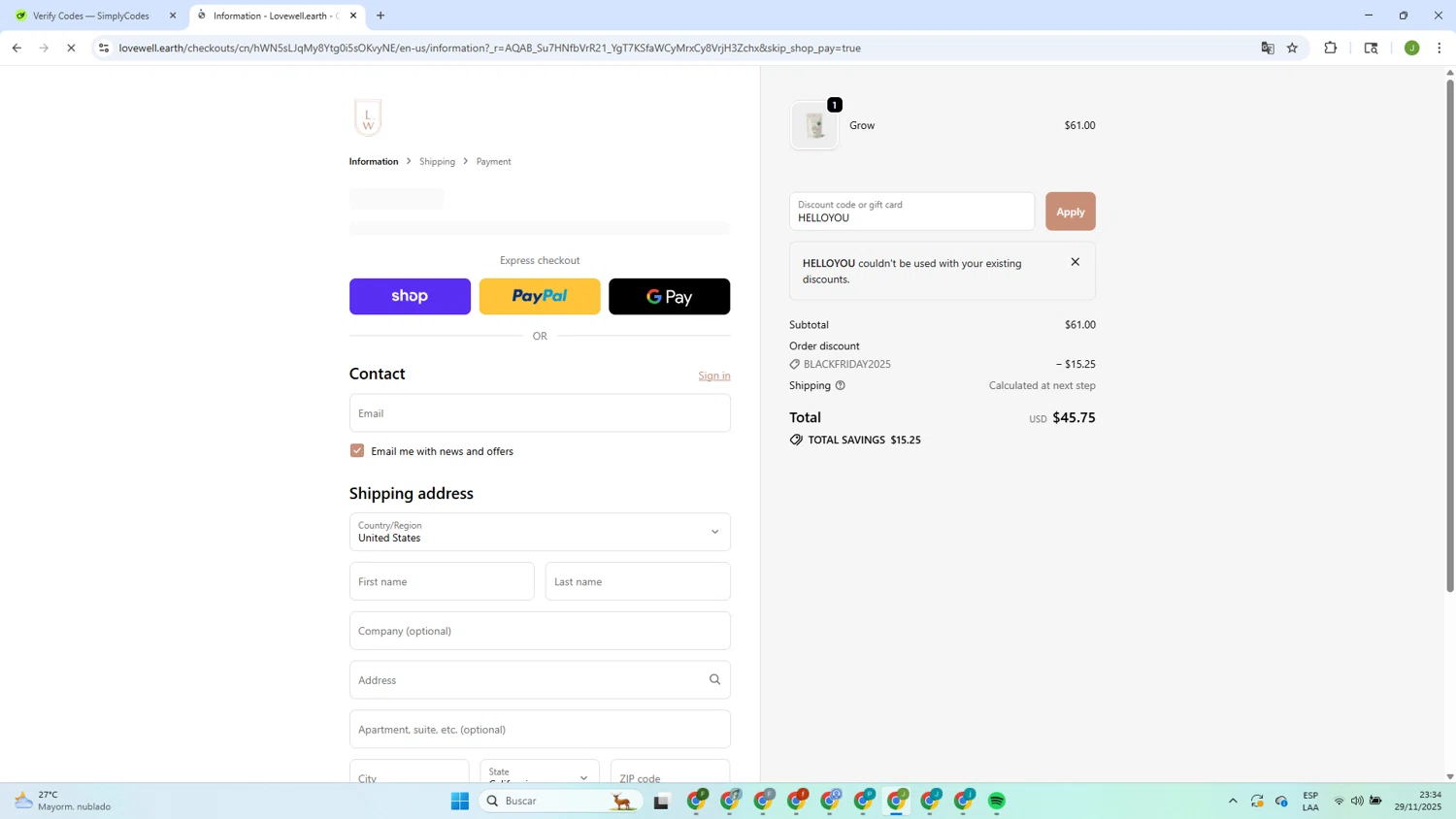 Lovewell discount code screenshot showing code HELLOYOU applied at Lovewell checkout page. Uploaded by SimplyCodes community member Elcogeculo on Nov 30, 2025