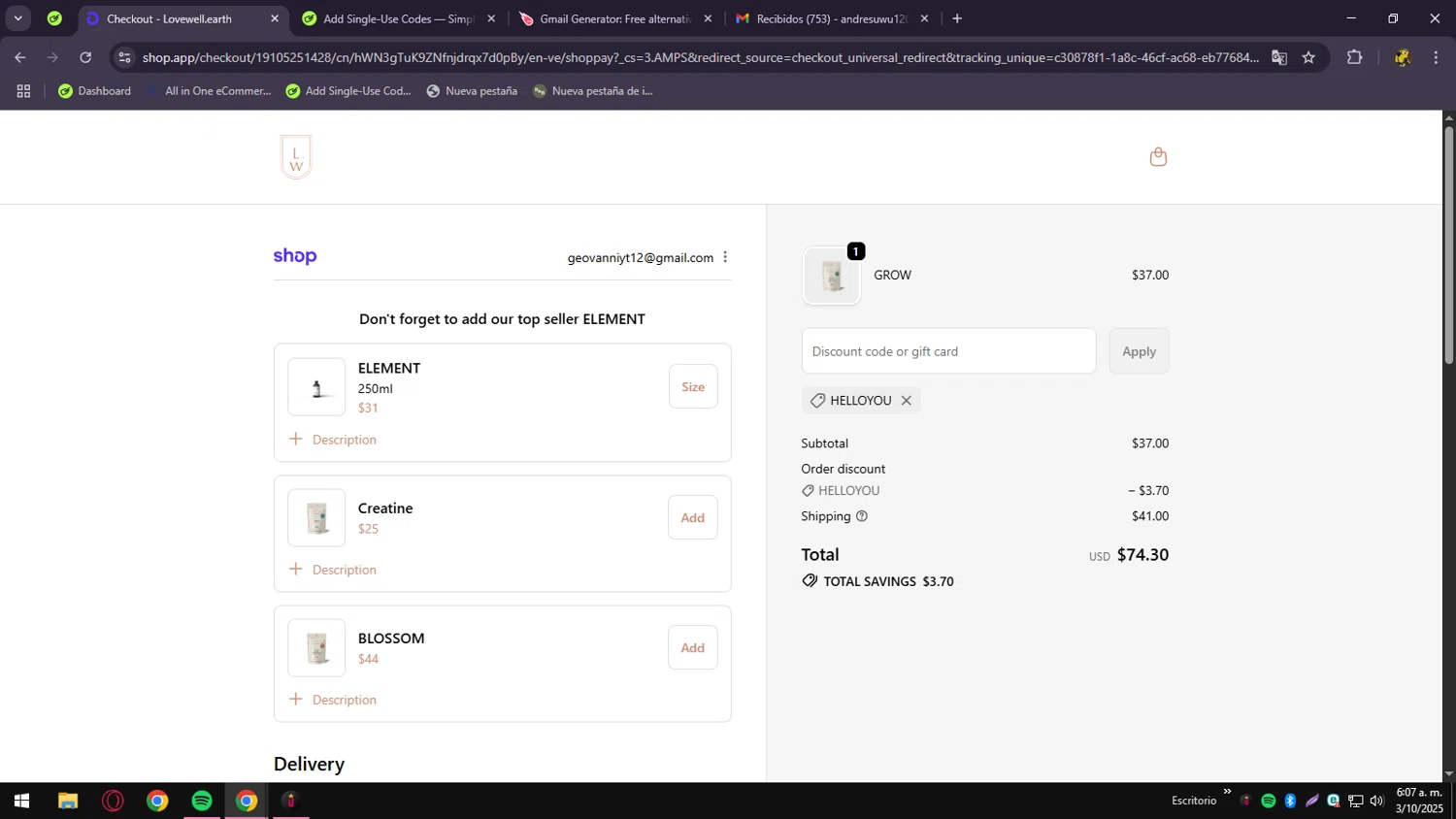 Lovewell discount code screenshot showing code HELLOYOU applied at Lovewell checkout page. Uploaded by SimplyCodes community member andressssssa on Oct 3, 2025