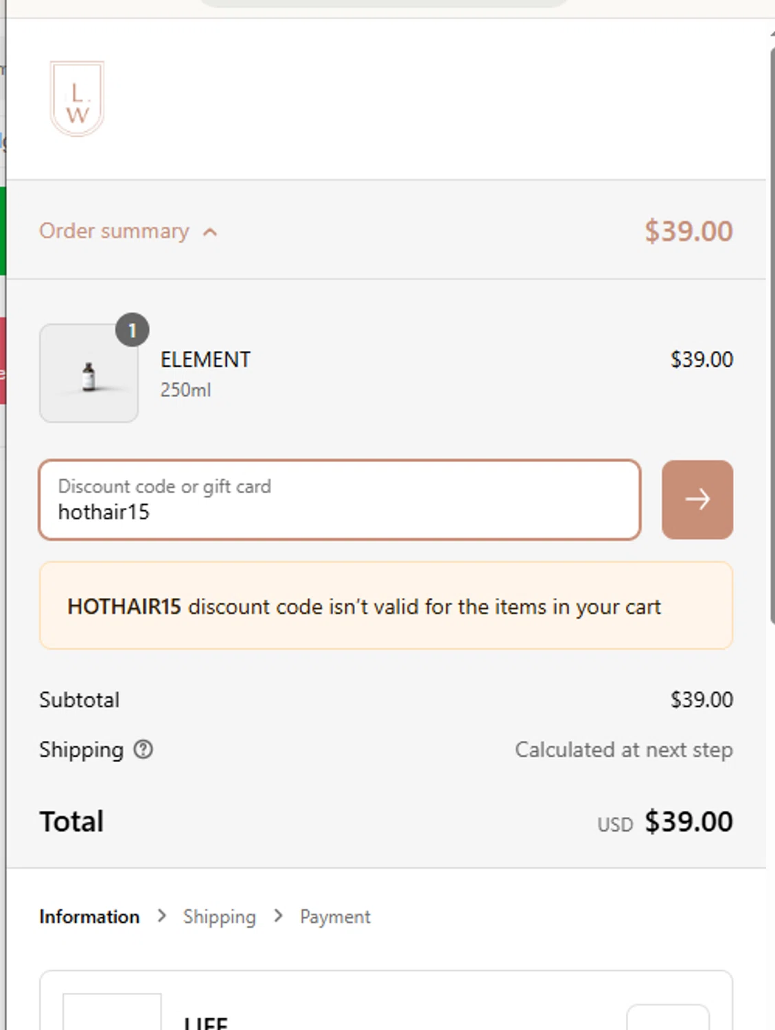 Lovewell discount code screenshot showing code hothair15 applied at Lovewell checkout page. Uploaded by SimplyCodes community member VayneChambeadora on Mar 20, 2025