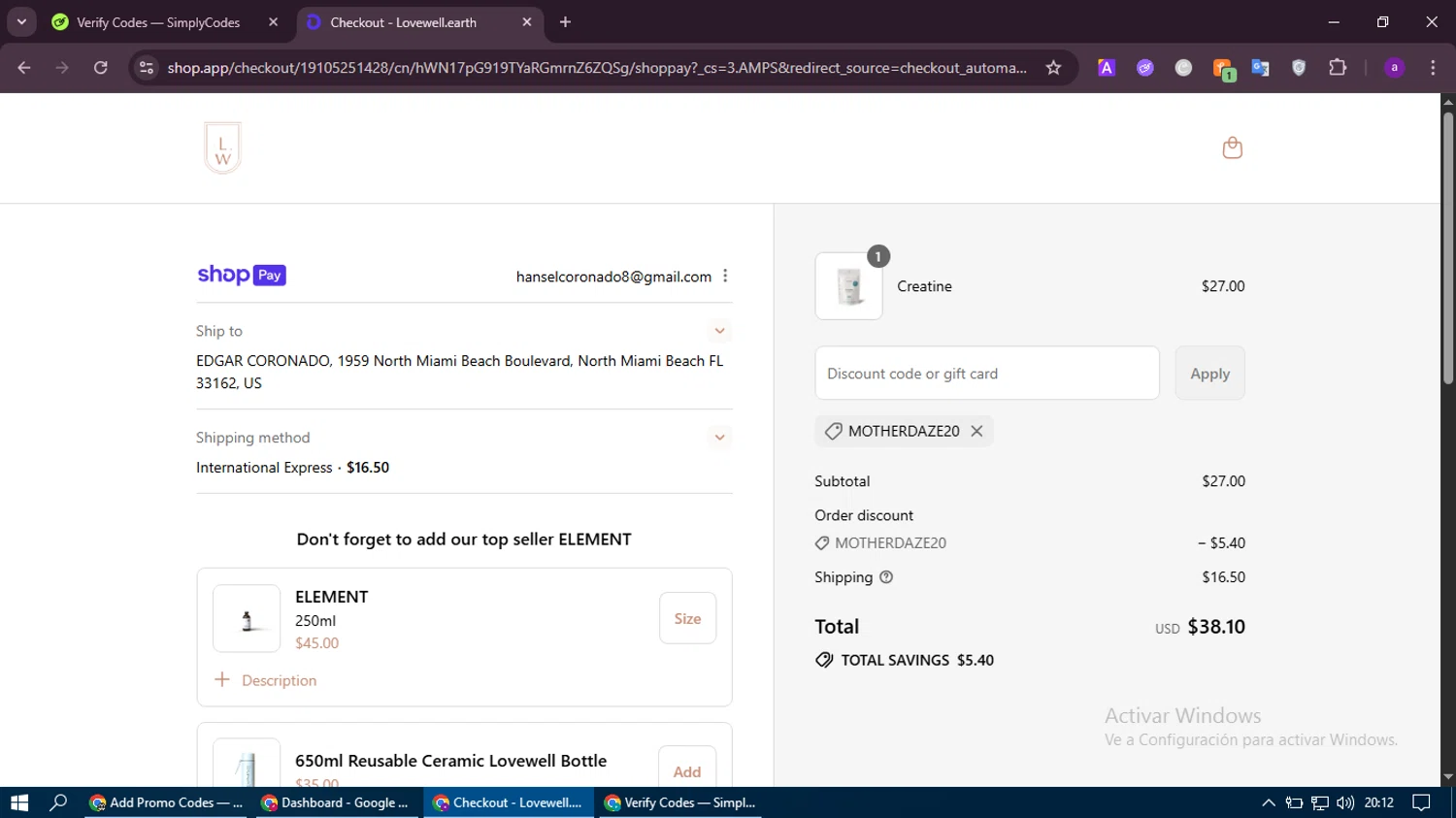 Lovewell discount code screenshot showing code MOTHERDAZE20 applied at Lovewell checkout page. Uploaded by SimplyCodes community member thethru on Jul 28, 2025