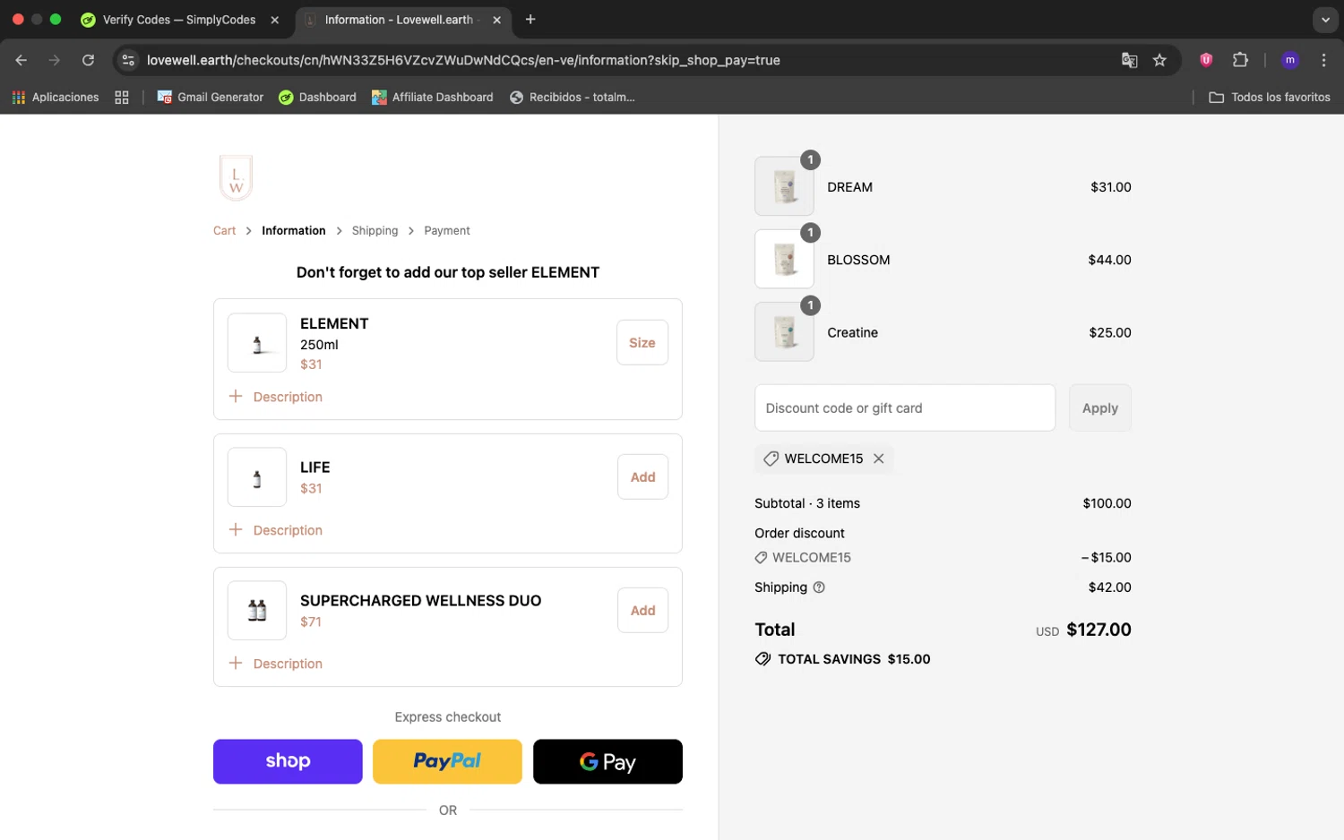 Lovewell discount code screenshot showing code WELCOME15 applied at Lovewell checkout page. Uploaded by SimplyCodes community member 1234ely on Sep 16, 2025