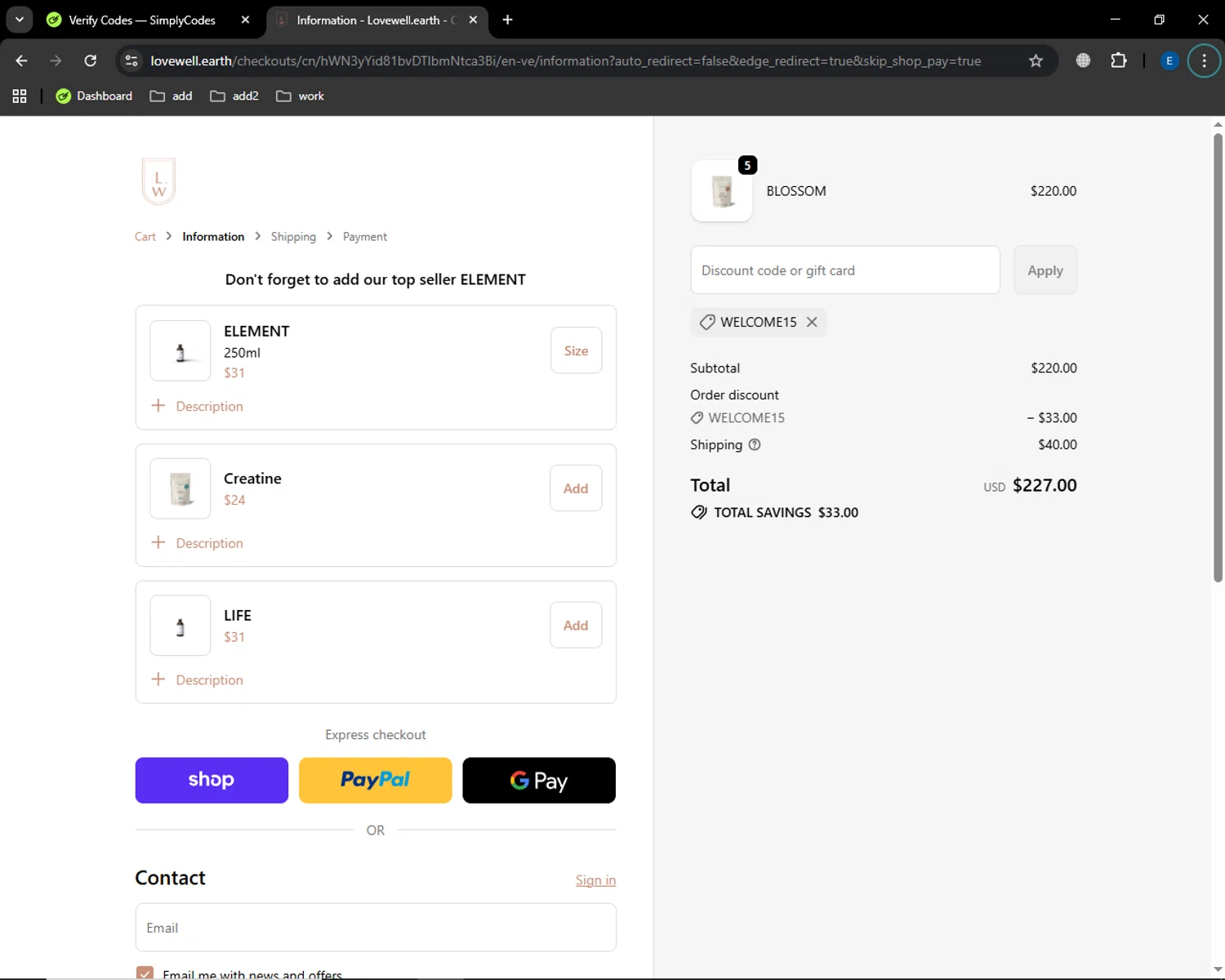 Lovewell discount code screenshot showing code WELCOME15 applied at Lovewell checkout page. Uploaded by SimplyCodes community member GoldSaver5472 on Oct 11, 2025