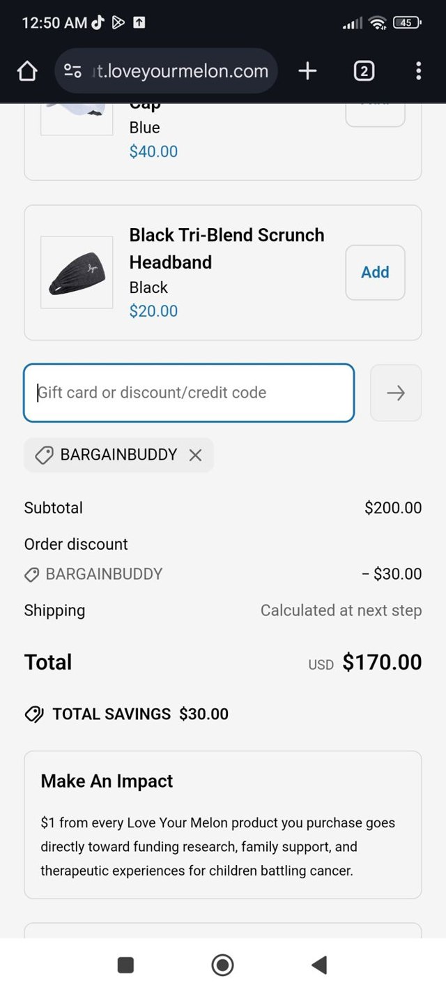 Love Your Melon checkout page showing Love Your Melon discount code box | Screenshot taken by SimplyCodes community member on Apr 9, 2025