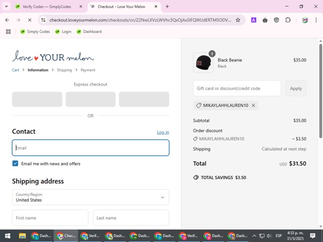 Love Your Melon checkout page showing Love Your Melon discount code box | Screenshot taken by SimplyCodes community member on Mar 31, 2025