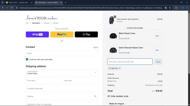 Love Your Melon checkout page showing Love Your Melon discount code box | Screenshot taken by SimplyCodes community member on Apr 9, 2025