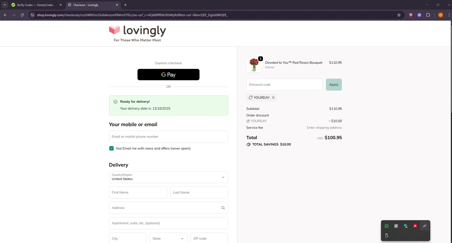 Lovingly promo code screenshot showing code yourday applied at Lovingly checkout page. Uploaded by SimplyCodes community member Davoxeneixe on Nov 27, 2025