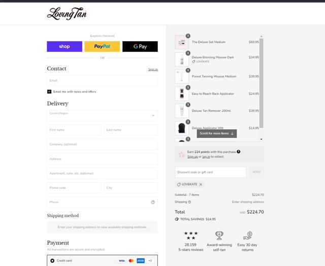 Loving Tan checkout page showing Loving Tan promo code box | Screenshot taken by SimplyCodes community member on Sep 11, 2025