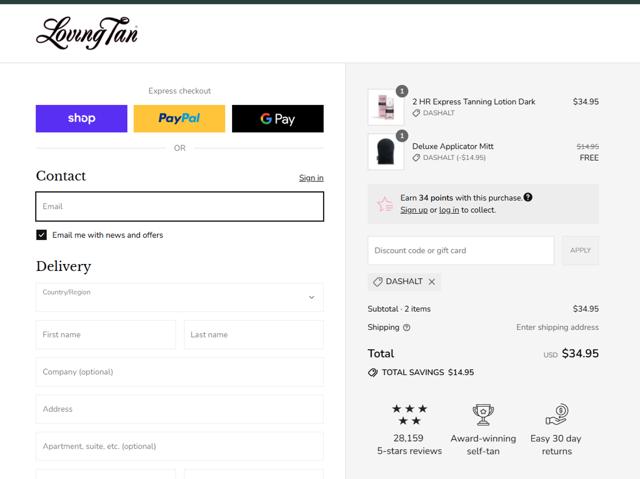 Loving Tan checkout page showing Loving Tan promo code box | Screenshot taken by SimplyCodes community member on Sep 9, 2025