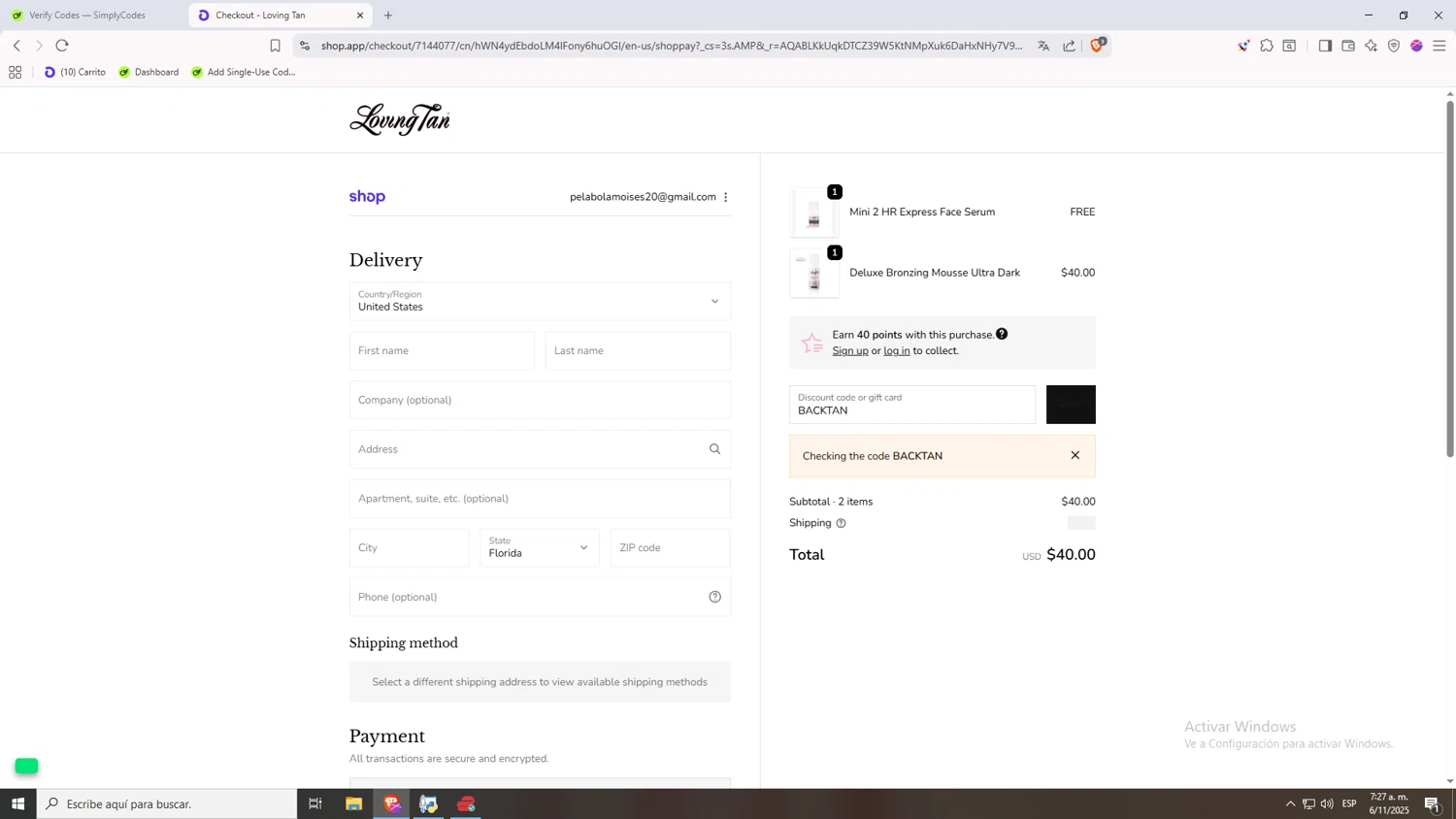 Loving Tan US promo code screenshot showing code BACKTAN applied at Loving Tan US checkout page. Uploaded by SimplyCodes community member 1p1p1p on Nov 6, 2025