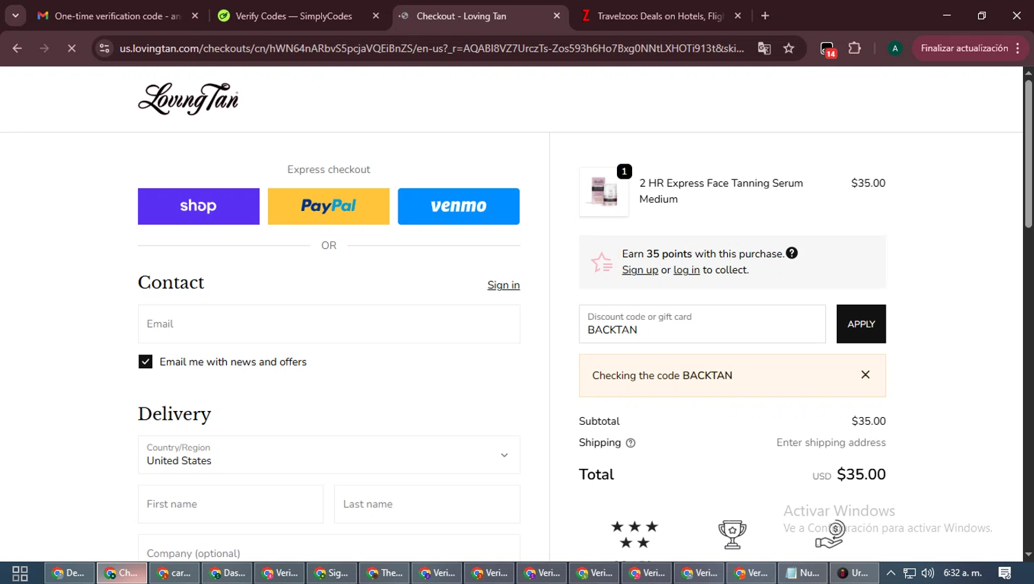 Loving Tan US promo code screenshot showing code BACKTAN applied at Loving Tan US checkout page. Uploaded by SimplyCodes community member LegendaryFalcon6699 on Dec 5, 2025