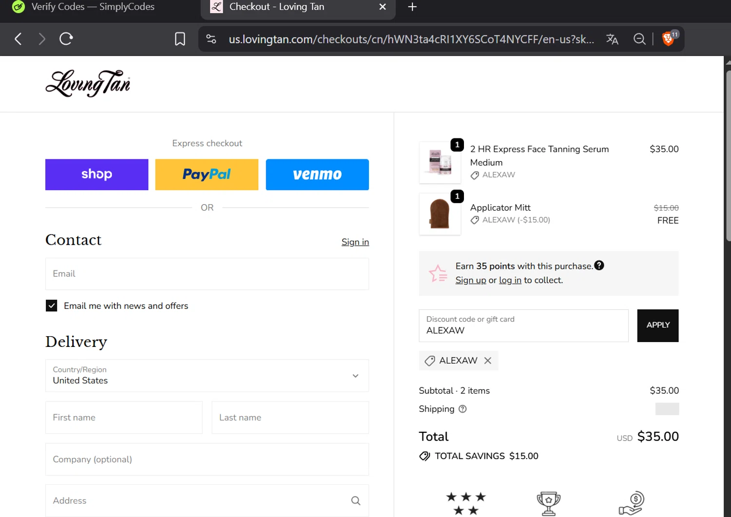 Loving Tan US promo code screenshot showing code ALEXAW applied at Loving Tan US checkout page. Uploaded by SimplyCodes community member CashElite5536 on Oct 8, 2025