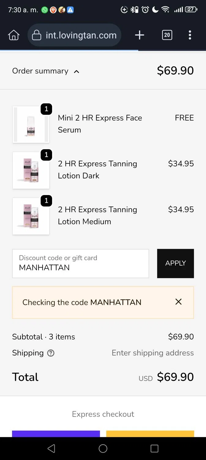 Loving Tan US promo code screenshot showing code MANHATTAN applied at Loving Tan US checkout page. Uploaded by SimplyCodes community member George07 on Nov 6, 2025