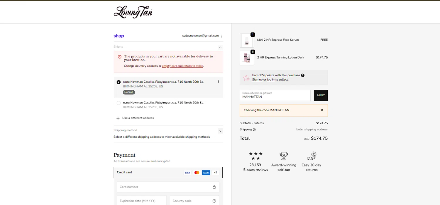Loving Tan US promo code screenshot showing code MANHATTAN applied at Loving Tan US checkout page. Uploaded by SimplyCodes community member larenacida on Nov 6, 2025