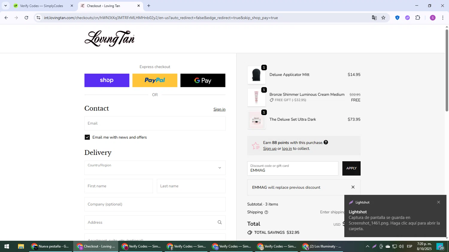 Loving Tan US promo code screenshot showing code EMMAG applied at Loving Tan US checkout page. Uploaded by SimplyCodes community member Son_Goku on Oct 8, 2025