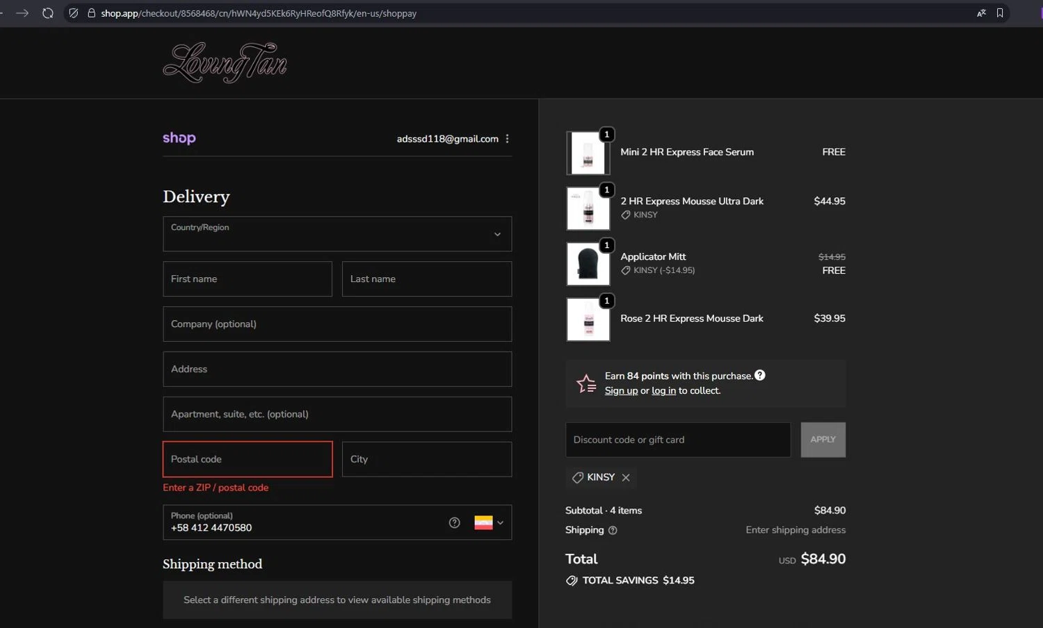 Loving Tan US promo code screenshot showing code KINSY applied at Loving Tan US checkout page. Uploaded by SimplyCodes community member CleverAdmiral2537 on Nov 14, 2025
