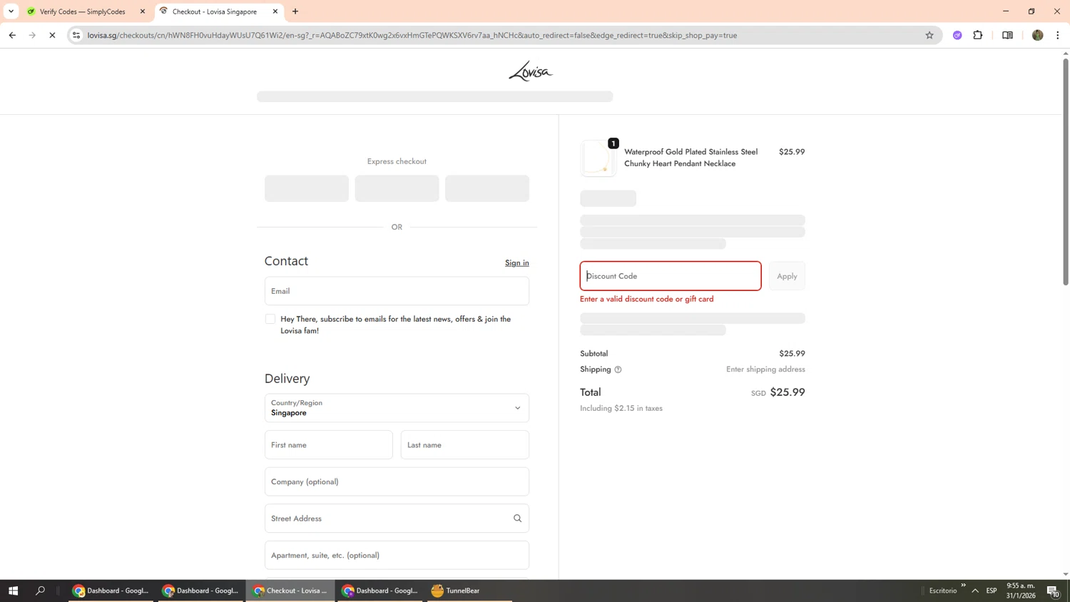Lovisa promo code screenshot showing code Single20 applied at Lovisa checkout page. Uploaded by SimplyCodes community member Phoenix585 on Jan 31, 2026