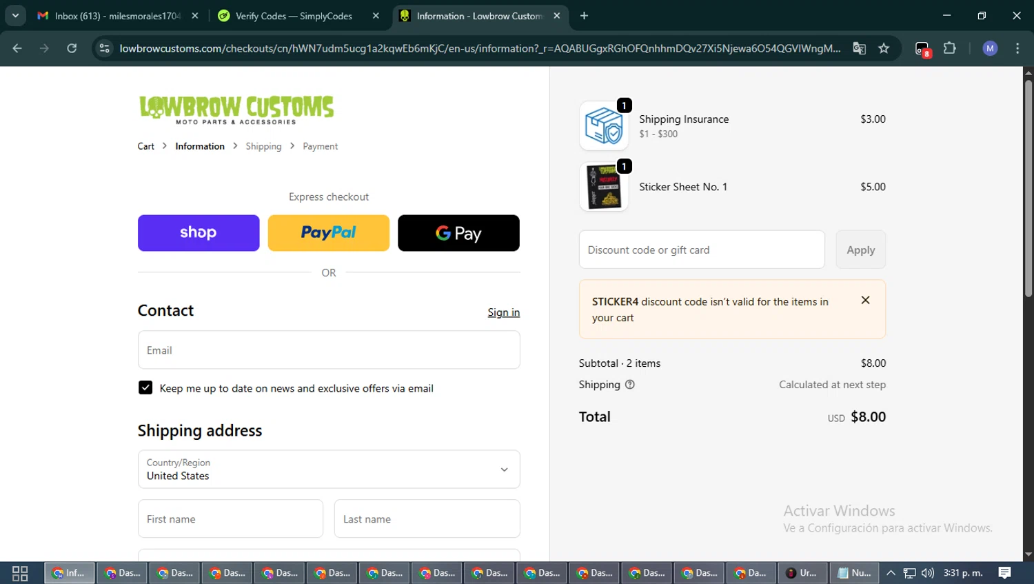 Lowbrow Customs checkout page showing Lowbrow Customs discount code box | Screenshot taken by SimplyCodes community member on Jan 22, 2026