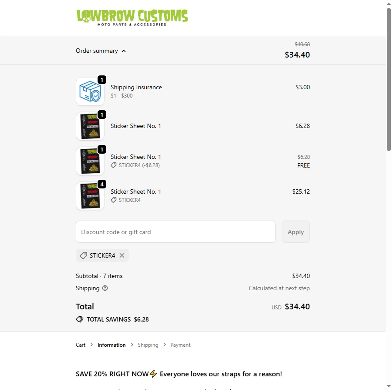 Lowbrow Customs discount code screenshot showing code STICKER4 applied at Lowbrow Customs checkout page. Uploaded by SimplyCodes community member Sadalsuud on Nov 2, 2025