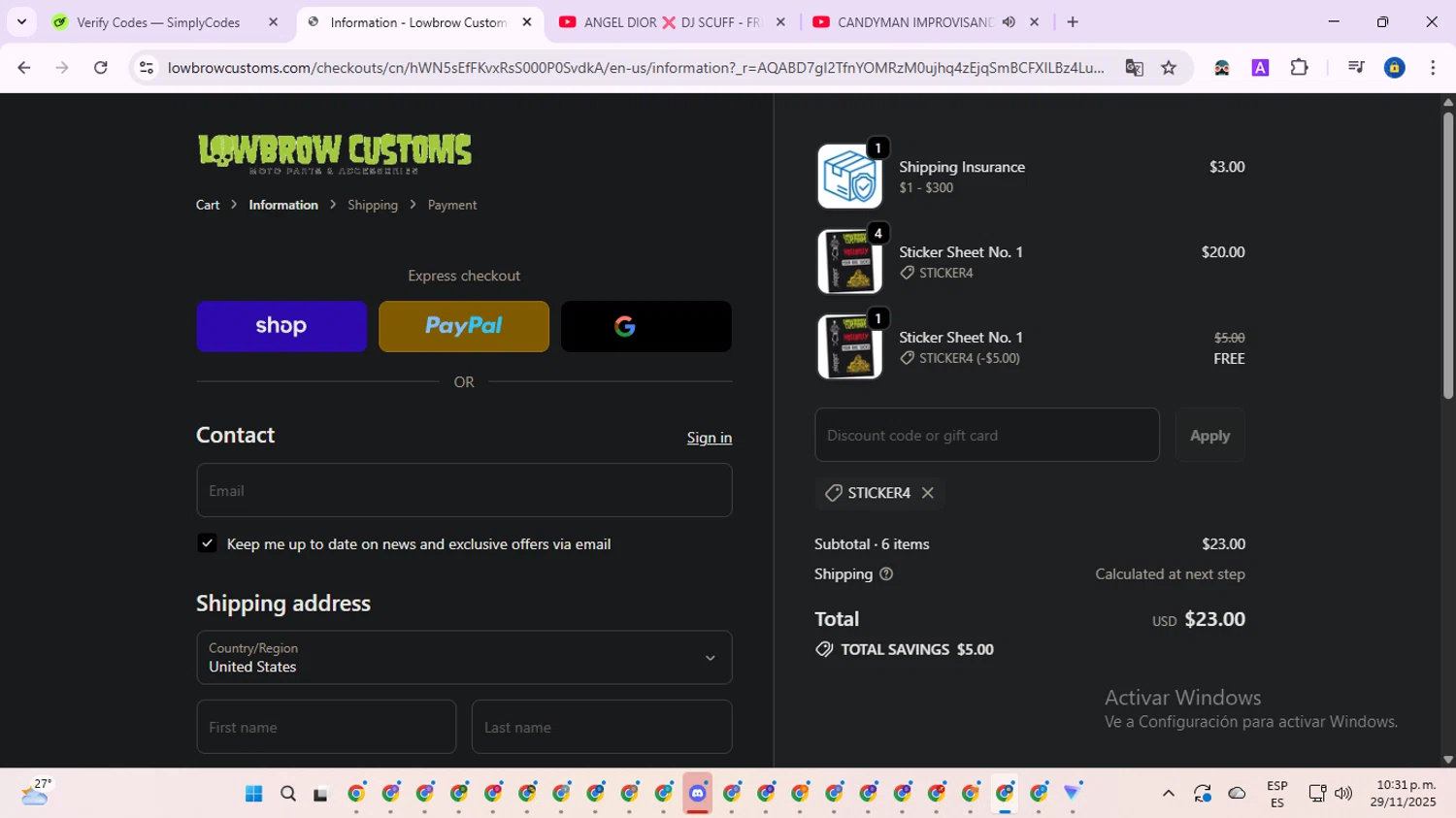 Lowbrow Customs discount code screenshot showing code STICKER4 applied at Lowbrow Customs checkout page. Uploaded by SimplyCodes community member SwiftWarden6832 on Nov 30, 2025