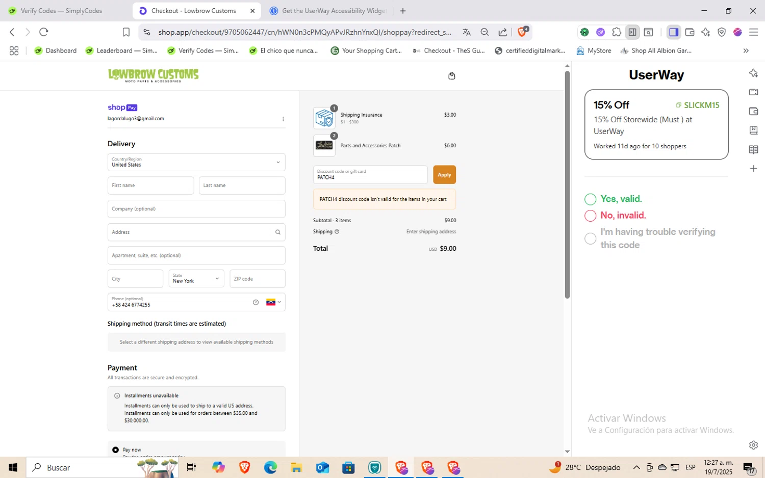 Lowbrow Customs discount code screenshot showing code PATCH4 applied at Lowbrow Customs checkout page. Uploaded by SimplyCodes community member Rayyyyyy on Jul 19, 2025