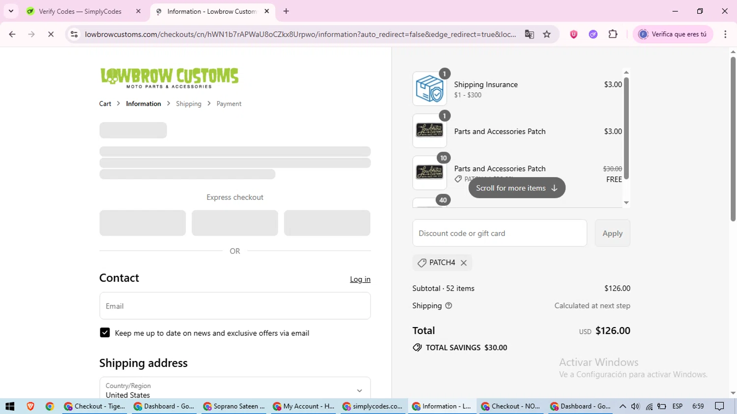 Lowbrow Customs discount code screenshot showing code PATCH4 applied at Lowbrow Customs checkout page. Uploaded by SimplyCodes community member loversuper on Aug 9, 2025
