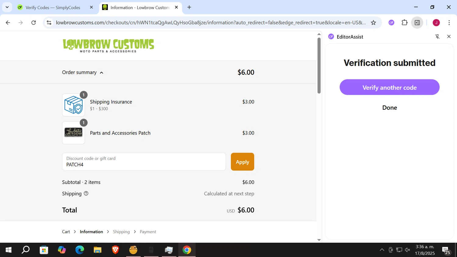 Lowbrow Customs discount code screenshot showing code PATCH4 applied at Lowbrow Customs checkout page. Uploaded by SimplyCodes community member vergil_lains on Aug 17, 2025