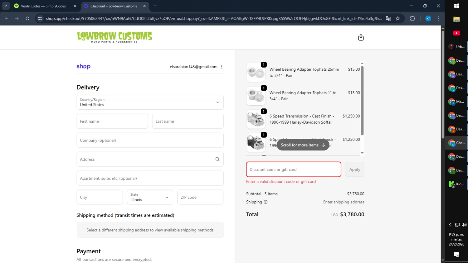 Lowbrow Customs promo code screenshot showing code 72XAUM3 applied at Lowbrow Customs checkout page. Uploaded by SimplyCodes community member Cynoxx on Feb 25, 2026