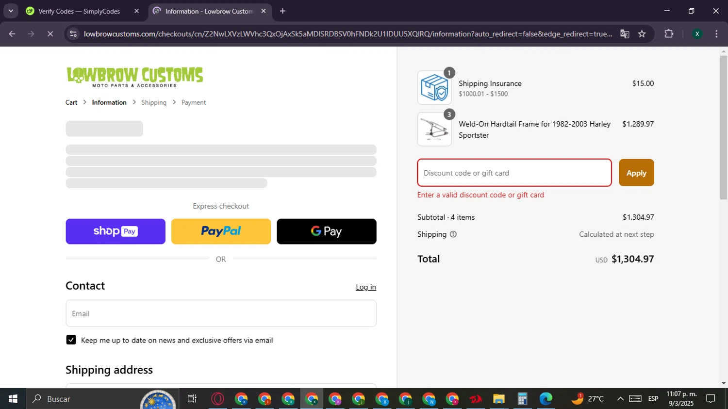 Lowbrow Customs discount code screenshot showing code 72XAUM3 applied at Lowbrow Customs checkout page. Uploaded by SimplyCodes community member CouponBoss6932 on Mar 10, 2025
