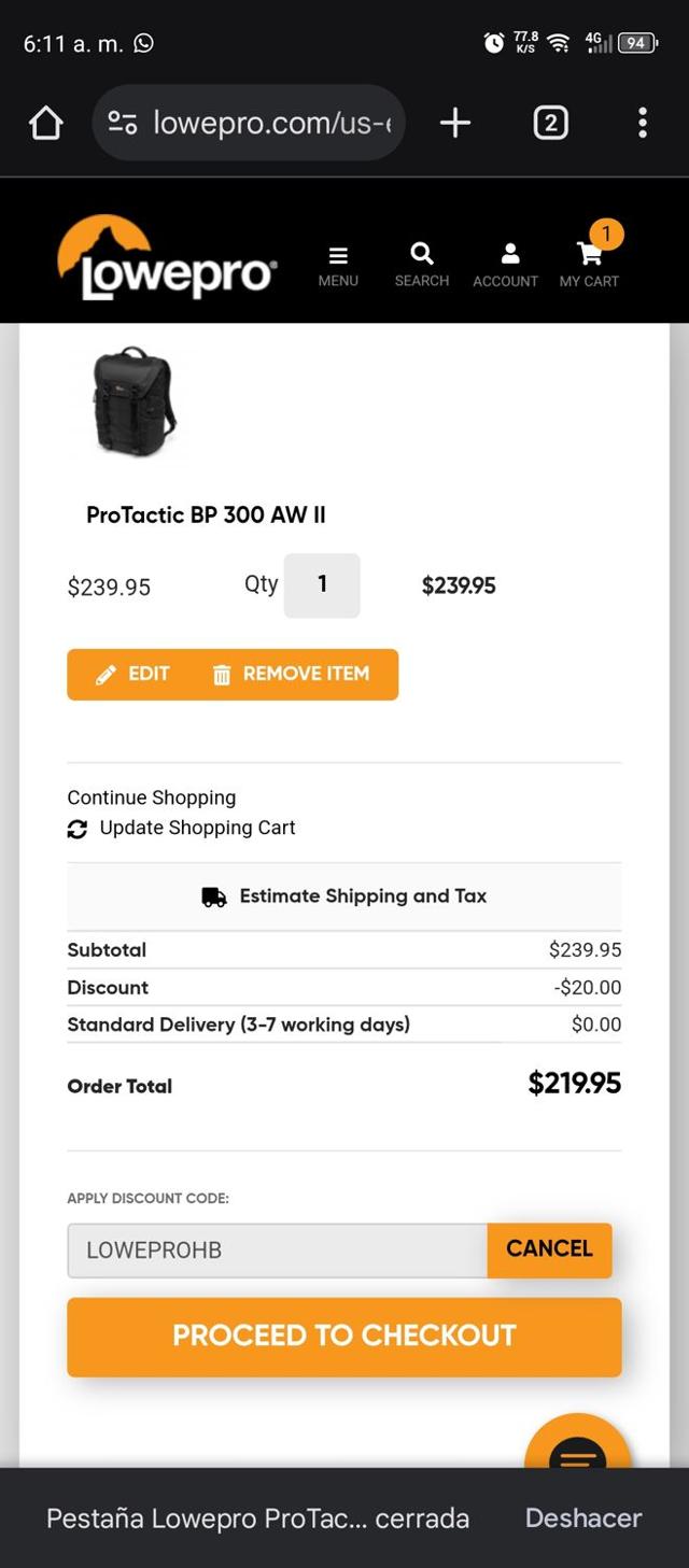 LowePro checkout page showing LowePro promo code box | Screenshot taken by SimplyCodes community member on Mar 22, 2025