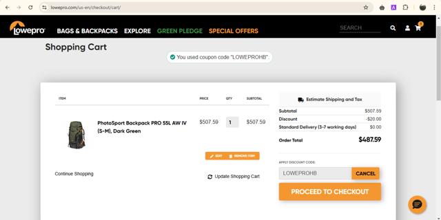 LowePro checkout page showing LowePro promo code box | Screenshot taken by SimplyCodes community member on Feb 21, 2025