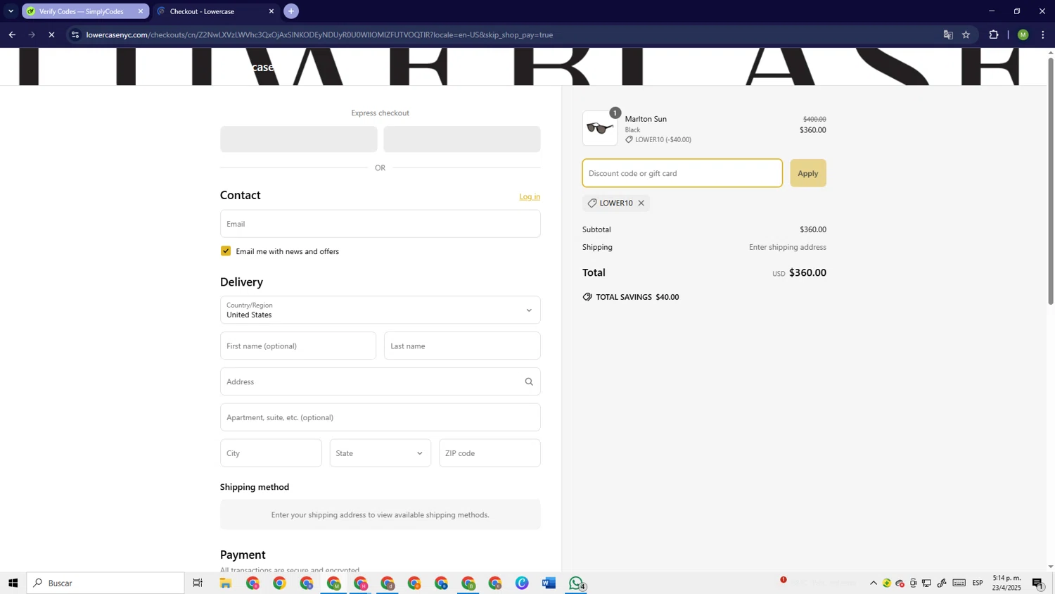 Lowercase promo code screenshot showing code LOWER10 applied at Lowercase checkout page. Uploaded by SimplyCodes community member PrimeSage6924 on Apr 23, 2025
