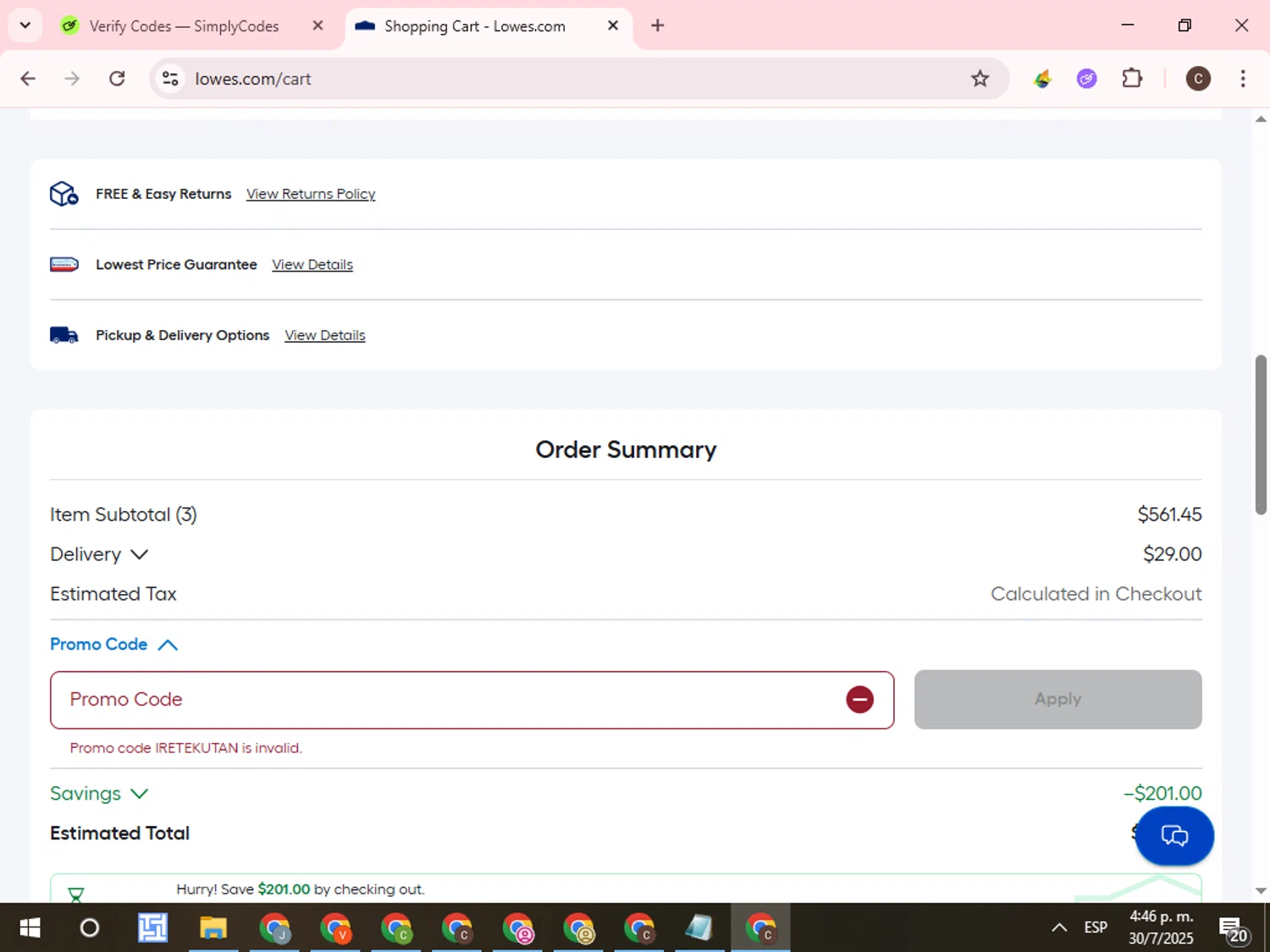 Lowe's promo code screenshot showing code IRETEKUTAN applied at Lowe's checkout page. Uploaded by SimplyCodes community member WonderCurator7831 on Jul 30, 2025