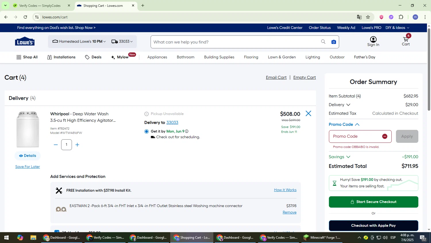 Lowe's promo code screenshot showing code OBBAIBO applied at Lowe's checkout page. Uploaded by SimplyCodes community member QuestDefender2661 on Jun 7, 2025