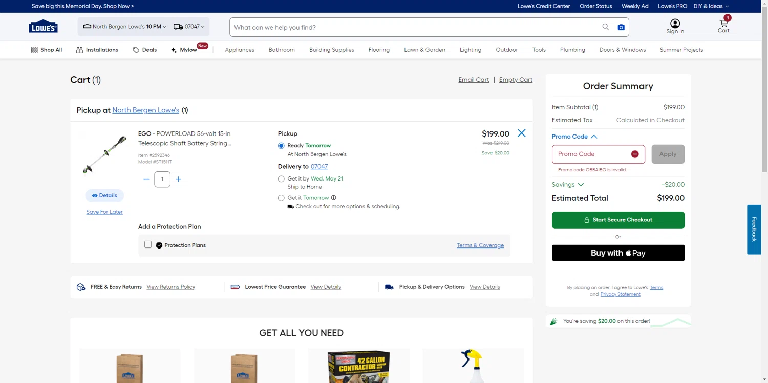 Lowe's promo code screenshot showing code OBBAIBO applied at Lowe's checkout page. Uploaded by SimplyCodes community member CashSentinel5495 on May 18, 2025