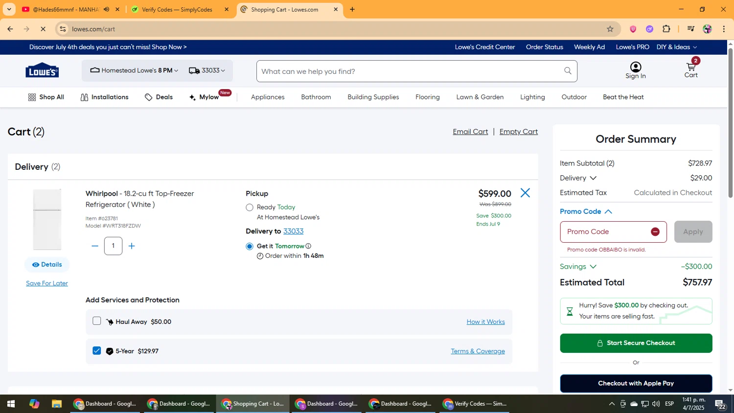 Lowe's promo code screenshot showing code OBBAIBO applied at Lowe's checkout page. Uploaded by SimplyCodes community member Vanmanuel on Jul 4, 2025