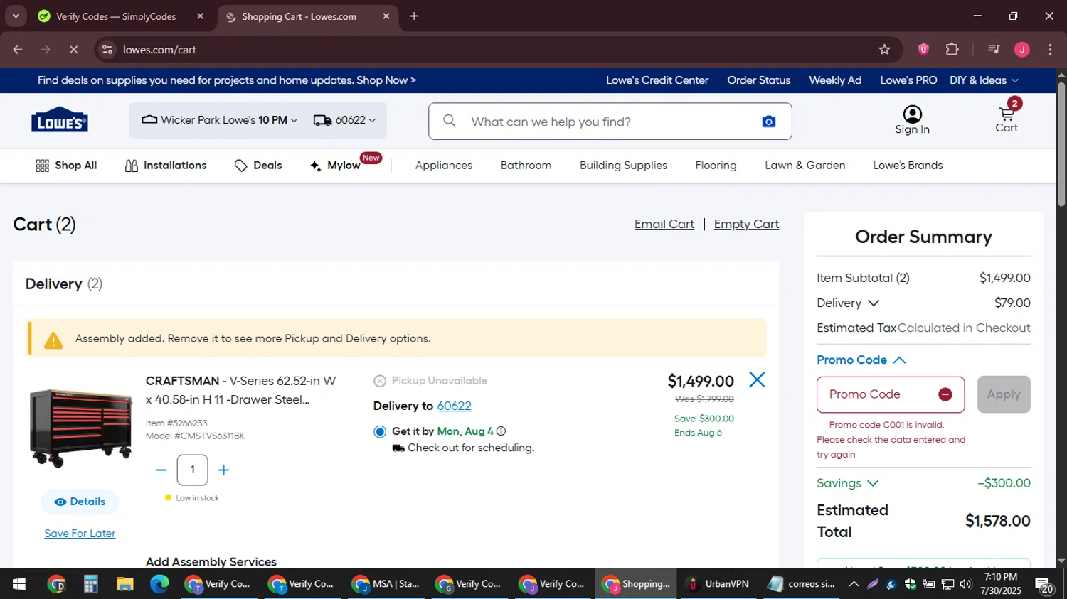 Lowe's promo code screenshot showing code C001 applied at Lowe's checkout page. Uploaded by SimplyCodes community member JackWilson63 on Jul 30, 2025