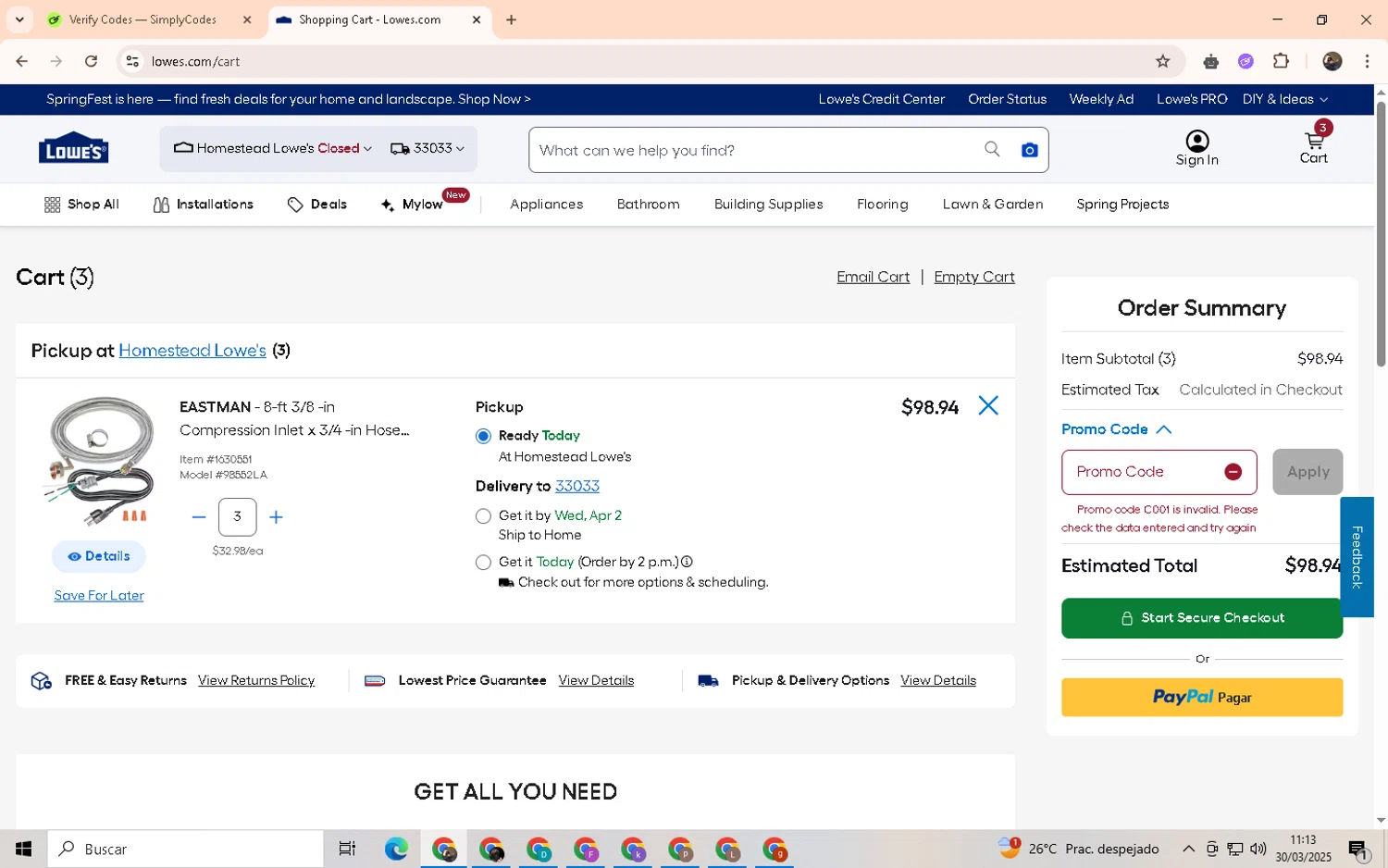 Lowe's promo code screenshot showing code C001 applied at Lowe's checkout page. Uploaded by SimplyCodes community member LegendaryWarden2503 on Mar 30, 2025